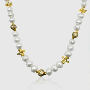 Iced Cross Real Pearl Necklace (Gold)